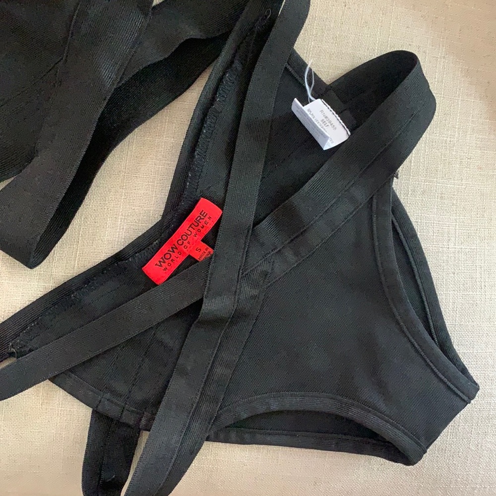 Black two piece bathing suit with straps